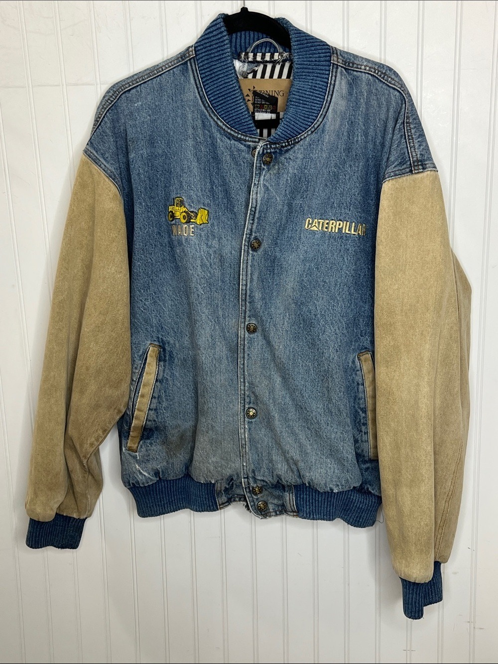 Caterpillar Blue Denim Jacket with Tan Sleeves Size XL